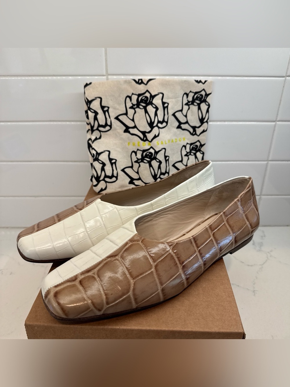Freda Salvador Greta Two-Tone Croc-Embossed Leather Loafers  White & Brown Flats